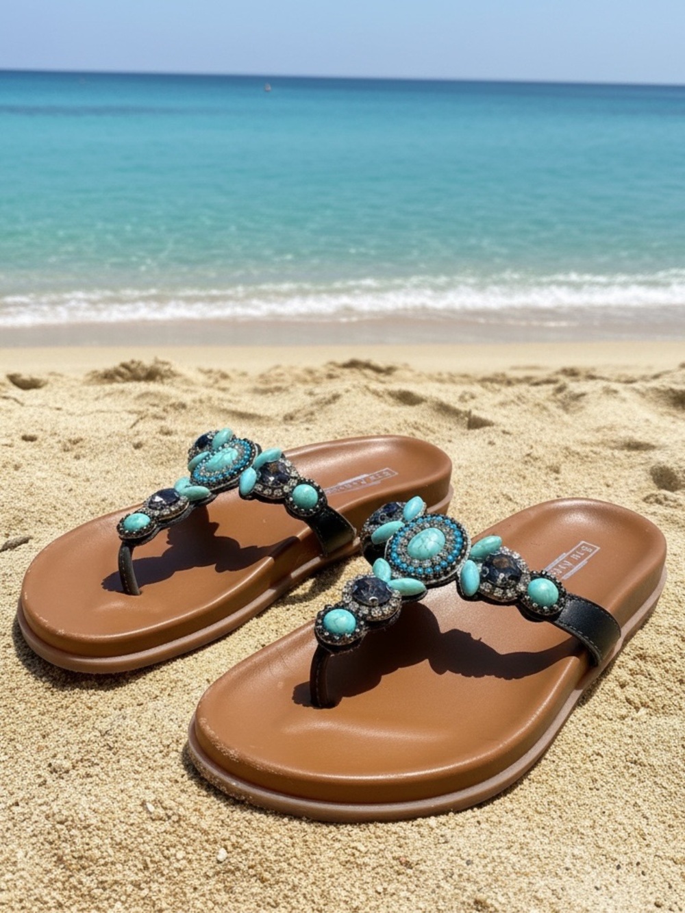 Turquoise-Embellished Black Toe-Post Sandal - Women